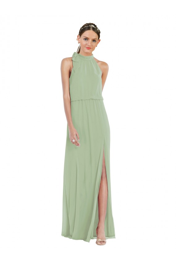 Vert fumée Trapèze Col Haut Mousseline Longue Robes demoiselle d'honneur Outlet