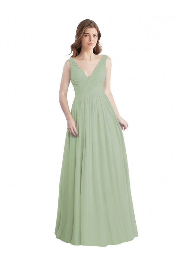 Vert fumée Trapèze Col V Mousseline Longue Robes demoiselle d'honneur Outlet