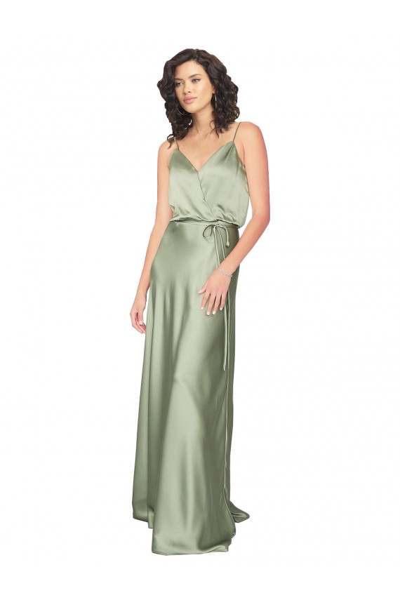 Vert fumée Trapèze Col V Satiné Soyeux Longue Formelles Robes demoiselle d'honneur / Robes de soirée Outlet