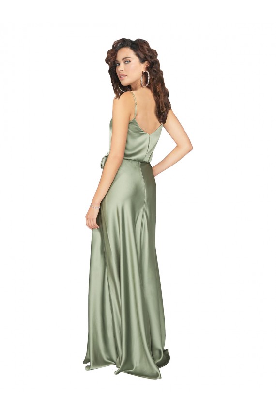 Vert fumée Trapèze Col V Satiné Soyeux Longue Formelles Robes demoiselle d'honneur / Robes de soirée Outlet