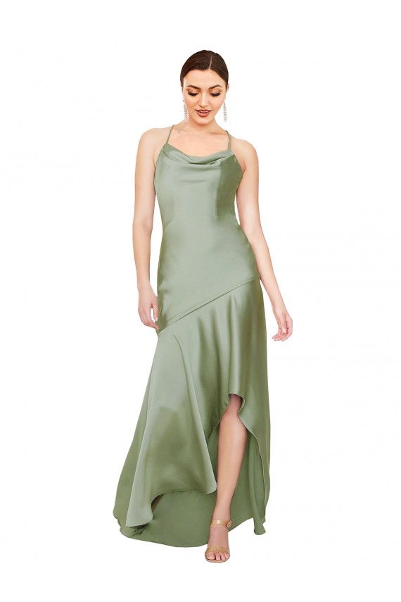 Vert fumée Trapèze Satiné Soyeux Longue Asymétrique Formelles Robes demoiselle d'honneur / Robes de soirée / Robes de bal Outlet