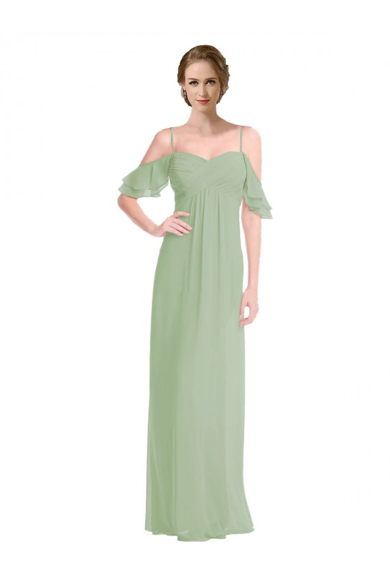 Vert fumée Trapèze Épaule Dénudée Bretelles spaghetti Mousseline Longue Robes demoiselle d'honneur Outlet