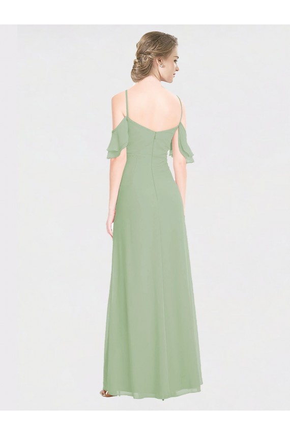 Vert fumée Trapèze Épaule Dénudée Bretelles spaghetti Mousseline Longue Robes demoiselle d'honneur Outlet