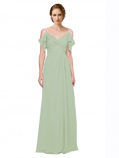 Vert fumée Trapèze Épaule Dénudée Bretelles spaghetti Mousseline Longue Robes demoiselle d'honneur Pas Chre