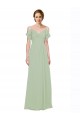 Vert fumée Trapèze Épaule Dénudée Bretelles spaghetti Mousseline Longue Robes demoiselle d'honneur Outlet