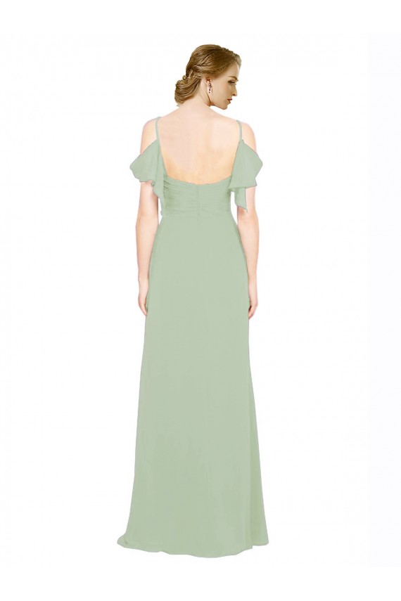 Vert fumée Trapèze Épaule Dénudée Bretelles spaghetti Mousseline Longue Robes demoiselle d'honneur Outlet