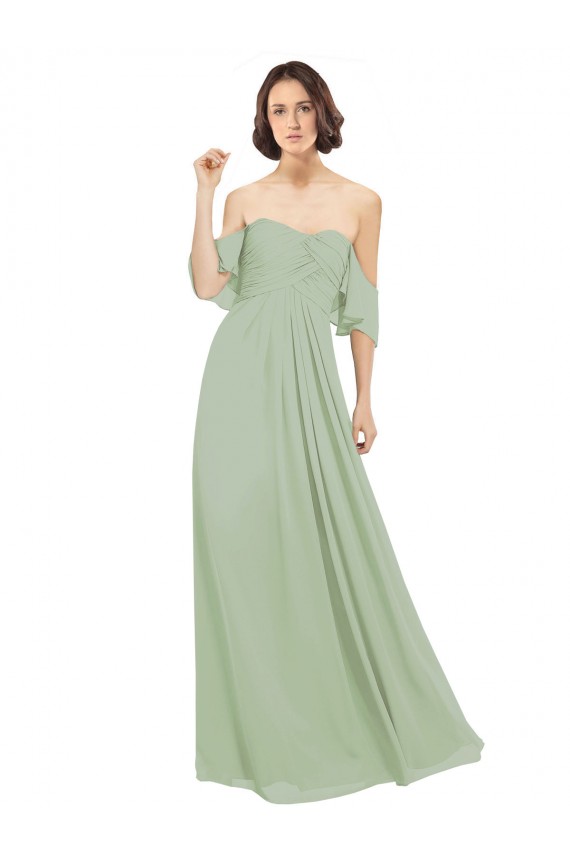 Vert fumée Trapèze Épaule Dénudée Mousseline Longue Robes demoiselle d'honneur Outlet