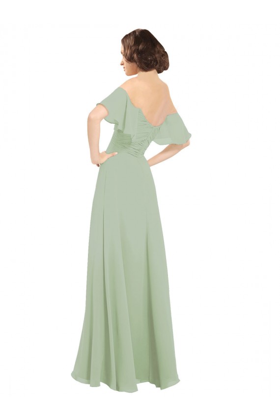 Vert fumée Trapèze Épaule Dénudée Mousseline Longue Robes demoiselle d'honneur Outlet