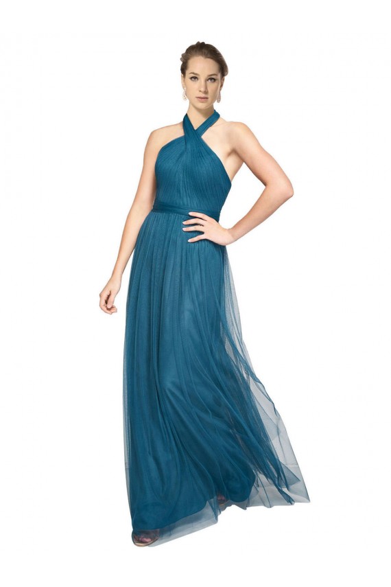Vert sarcelle Trapèze Licou Col Haut Tulle Longue Robes demoiselle d'honneur Outlet