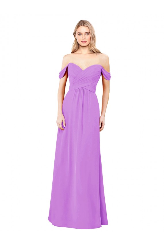 Violet Trapèze Épaule Dénudée Mousseline Longue Robes demoiselle d'honneur Outlet